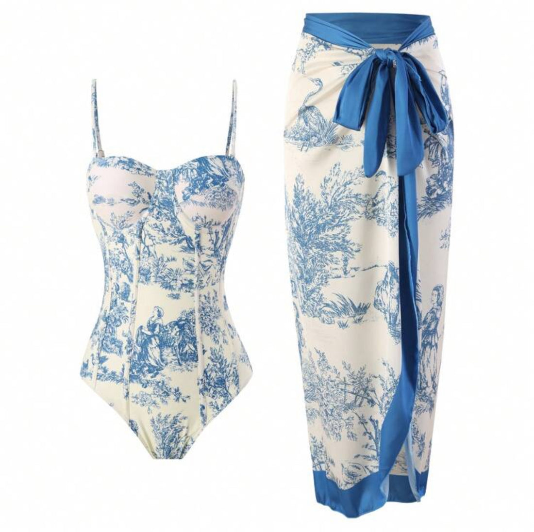 Ivory & Blue Swimsuit with Silk Cover Up